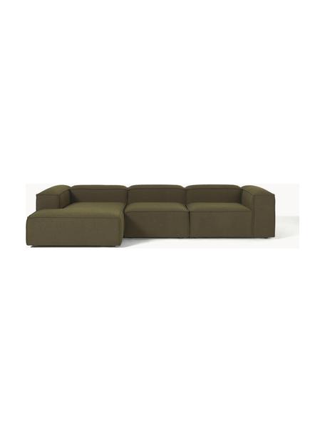 Modulares Ecksofa Lennon aus Bouclé, Bezug: Bouclé (100 % Polyester) , Gestell: Massives Kiefernholz, Spe, Füße: Kunststoff Dieses Produkt, Bouclé Olivgrün, B 327 x T 180 cm, Eckteil links