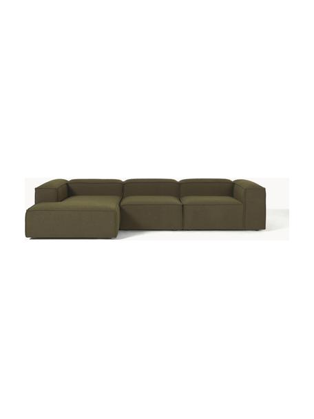 Narożna sofa modułowa bouclé Lennon, Tapicerka: bouclé (100% poliester) D, Stelaż: lite drewno sosnowe z cer, Nogi: tworzywo sztuczne, Oliwkowozielony bouclé, S 327 x G 180 cm, lewostronna