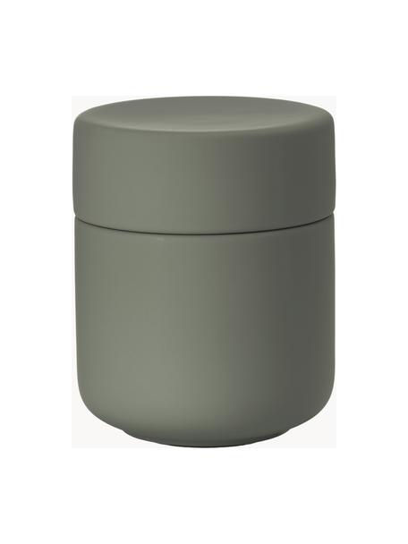 Boîte de rangement en grès à surface veloutée Ume, Grès cérame recouvert d'une surface Soft-touch (plastique), Vert olive, Ø 8 x haut. 10 cm