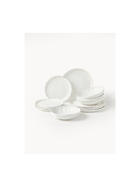 Vajilla con relieves Sali, 4 comensales (12 pzas.), Porcelana esmaltado, Blanco con borde dorado, 4 comensales (12 pzas.)