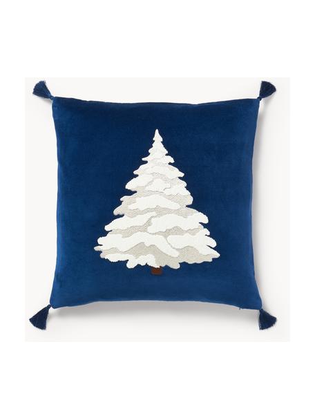 Copricuscino in cotone con motivo albero di Natale Amara, Rivestimento: velluto (100% cotone), Blu scuro, bianco, beige chiaro, Larg. 50 x Lung. 50 cm