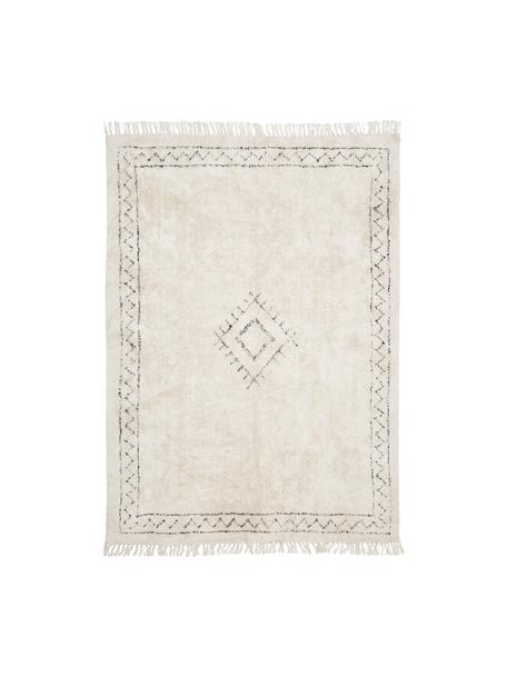 Handgetuft katoenen vloerkleed Fionn met franjes, 100% katoen, Beige, zwart, B 80 x L 150 cm (maat XS)