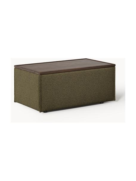 Sofa-Hocker Lennon aus Bouclé mit Stauraum, Bezug: Bouclé (80 % Polyester, 2, Tablett: Eichenholz, Spannplatte m, Gestell: Spanplatte, mitteldichte , Füße: Kunststoff Dieses Produkt, Bouclé Olivgrün, dunkles Eichenholz, B 88 x T 50 cm