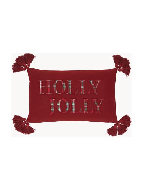 Housse de coussin rectangulaire avec houppes Holly Jolly, 100 % coton, Rouge, larg. 30 x long. 50 cm