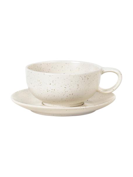 Handgemachte Steingut-Tasse mit Untertasse Nordic Vanilla in Cremeweiss gesprenkelt, Steingut, Cremeweiss, gesprenkelt, Ø 11 x H 5 cm