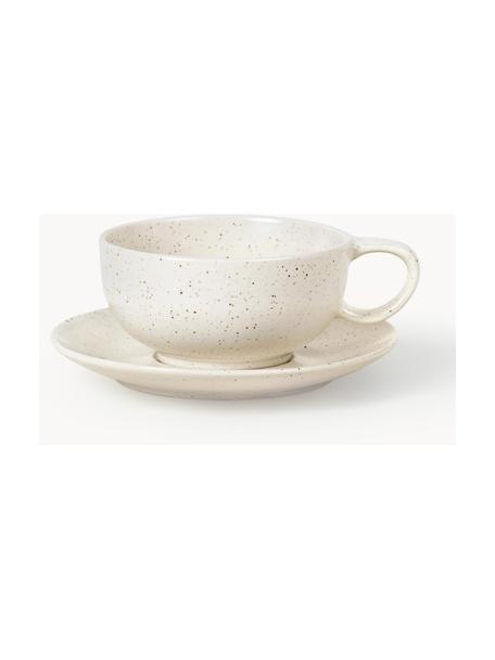 Handgemachte Tasse mit Untertasse Nordic Vanilla, Steingut, Off White, gesprenkelt, Ø 11 x H 5 cm, 250 ml