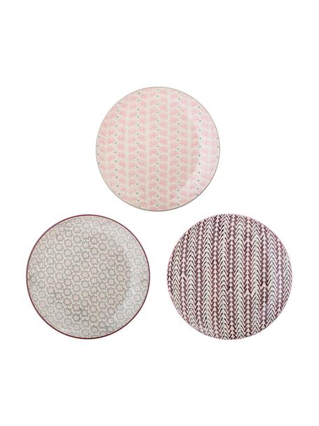Handgefertigte Frühstücksteller Maya mit verspieltem Muster, 3er-Set, Steingut, Cremeweiß, Grün, Rosa, Lila, Ø 22 cm