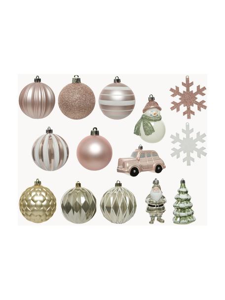 Set de adornos navideños irrompibles Mischa, 8 cm, 25 uds., Figura: plástico, Rosa, verde, blanco, dorado, Set de diferentes tamaños