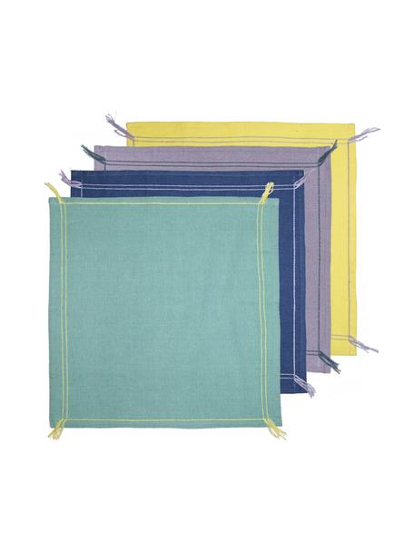 Serviettes de table en coton à houppes Billie, 4 élém., Coton, lin, Turquoise, bleu foncé, lilas, jaune, larg. 45 x long. 45 cm