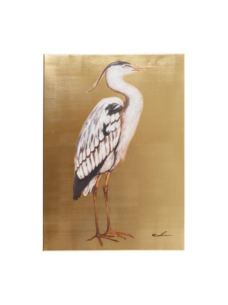 Impression sur toile peinte à la main Heron, Couleur dorée, blanc, noir, larg. 50 x haut. 70 cm