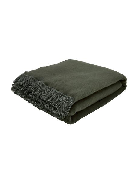 Manta suave de algodón con flecos Vienna, 85% algodón, 8% viscosa, 7% poliacrílico, Verde oscuro, An 150 x L 200 cm