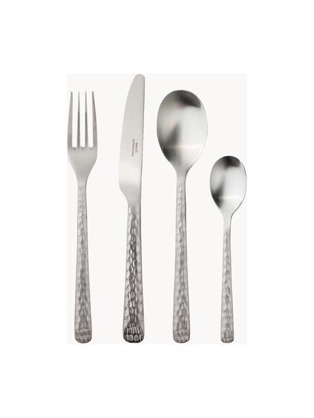 Cubertería Hune, 4 comensales (16 pzas.), Acero inoxidable 18/8, cepillado, martillado

Para que el acabado mate se destaque, se debe pulir con un paño suave antes de guardarla., Plateado con mangos martillados, 4 comensales (16 pzas.)