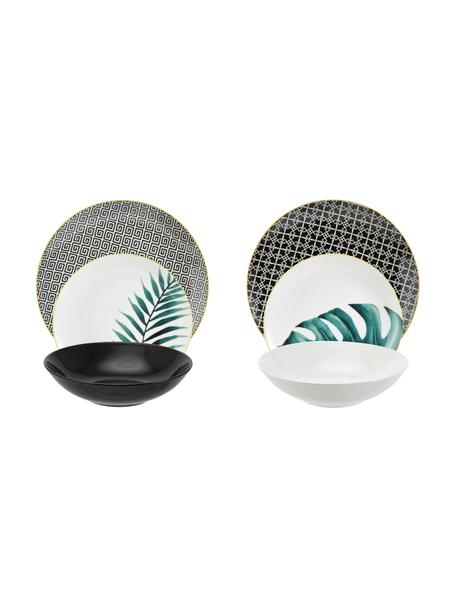 Serviesset Urban Jungle, 6 personen (18-delig), Groentinten, wit, zwart, geel, Set met verschillende formaten