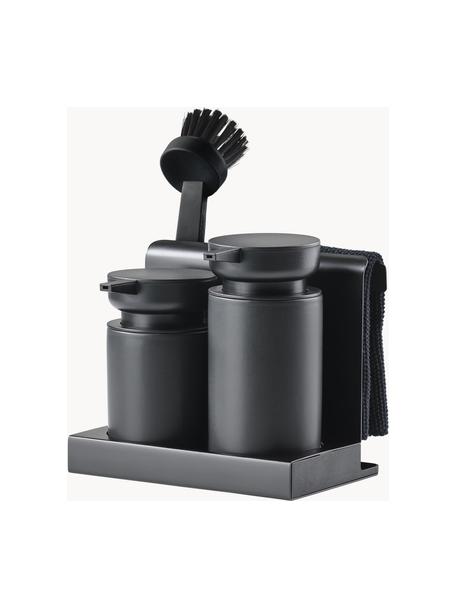 Distributeur de liquide vaisselle avec accessoires Diish, 5 élém., Plastique, grès cérame, Noir, larg. 18 x haut. 17 cm