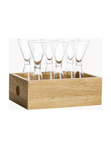 Set di bicchieri per shota in vetro soffiato con scatola in legno Semon 6 pz, Vetro soffiato, legno di quercia, Trasparente, legno chiaro, Ø 4 x Alt. 12 cm, 20/40 ml