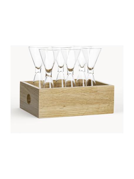 Set di bicchieri per shota in vetro soffiato con scatola in legno Semon 6 pz, Vetro soffiato, legno di quercia, Trasparente, legno chiaro, Ø 4 x Alt. 12 cm, 20/40 ml