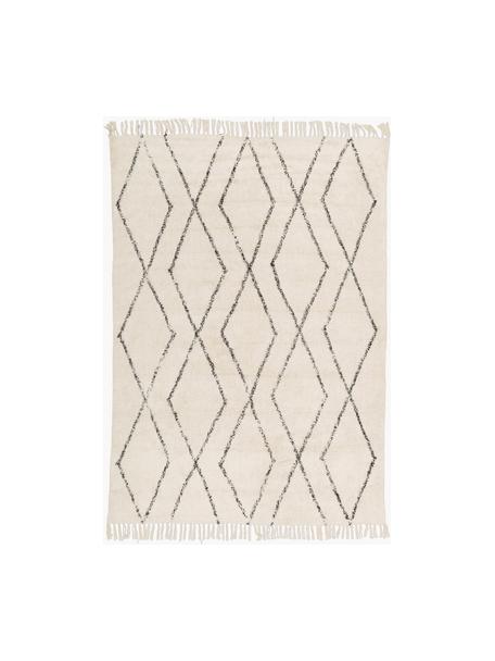 Handgetuft katoenen vloerkleed Bina met ruitjesmotief en franjes, 100% katoen, Beige, zwart, B 160 x L 230 cm (maat M)