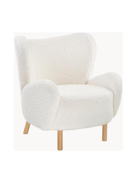 Fauteuil à oreilles tissu peluche Kalia, Peluche blanc crème, bois de hêtre clair, larg. 78 x prof. 80 cm