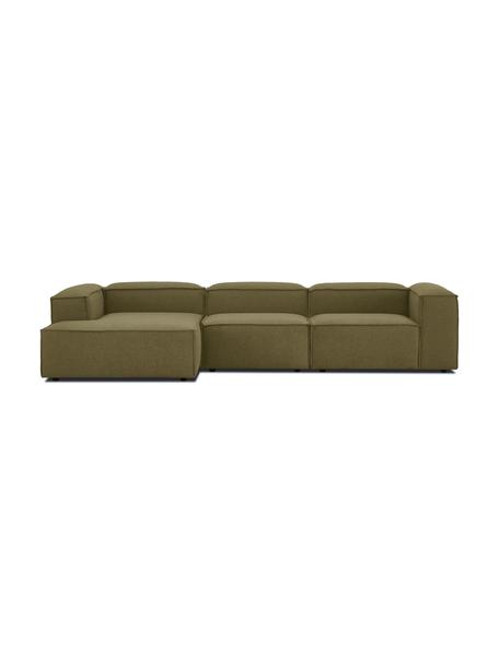 Divano angolare componibile Lennon, Rivestimento: 100% poliestere Con 115.0, Struttura: legno di pino massiccio, , Piedini: plastica, Tessuto verde, Larg. 327 x Prof. 180 cm, chaise-longue a sinistra