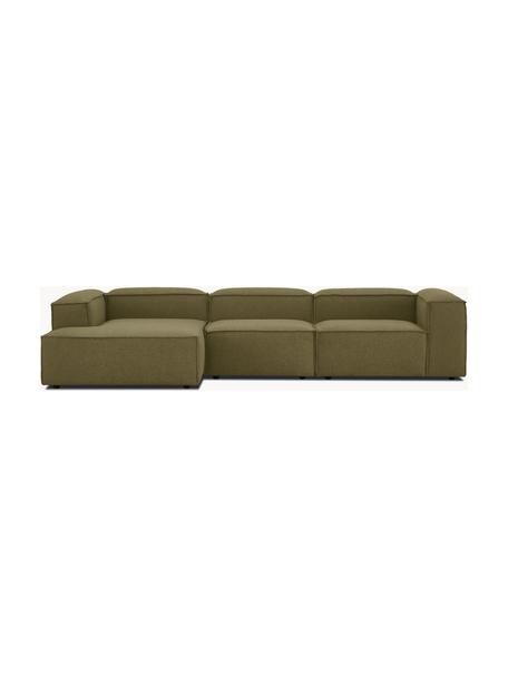 Modulaire hoekbank Lennon, Bekleding: 100% polyester, Frame: massief grenenhout FSC-ge, Poten: kunststof, Geweven stof olijfgroen, B 327 x D 180 cm, hoekdeel links