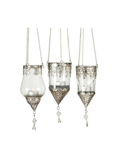 Windlichtenset Cosa, 3-delig, Windlicht: glas, Decoratie: metaal, Transparant, zilverkleurig, Ø 9 x H 23 cm