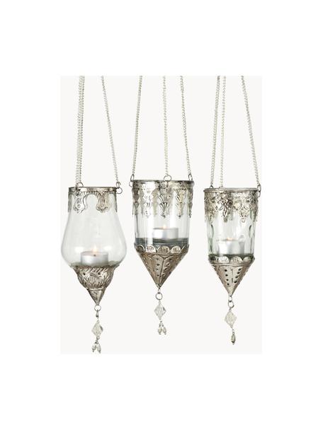 Windlichter-Set Cosa aus Glas, 3-tlg., Windlicht: Glas, Dekor: Metall, Transparent, Silberfarben, Ø 9 x H 23 cm
