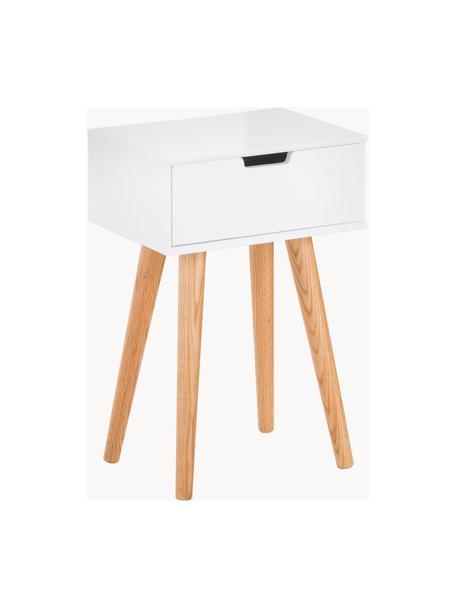 Comodino con cassetto Mitra, Gambe: legno di quercia, Bianco, legno di quercia, Larg. 40 x Alt. 62 cm