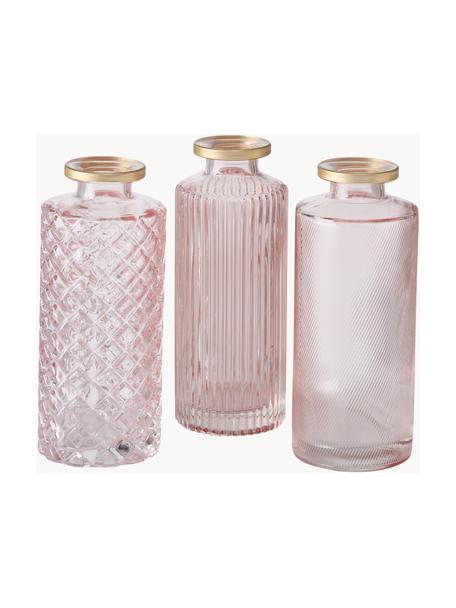 Kleine Vasen Adore aus Glas, 3er-Set, Glas, gefärbt, Hellrosa, transparent, Silberfarben, Ø 5 x H 13 cm