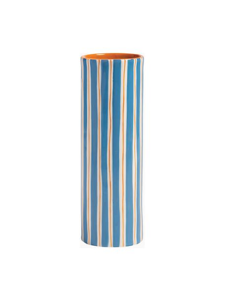 Vase en porcelaine peinte à la main Ray, haut. 24 cm, Porcelaine, Bleu, blanc cassé, orange, Ø 8 x haut. 24 cm