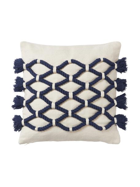 Copricuscino con decoro marittimo a nodo Galliot, 100% cotone, Bianco crema, blu, Larg. 40 x Lung. 40 cm