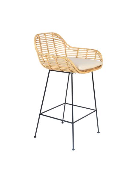 Krzesło barowe z rattanu z poduszką siedziska Tiger, Stelaż: metal malowany proszkowo, Jasny brązowy, czarny, biały, S 52 x W 79 cm