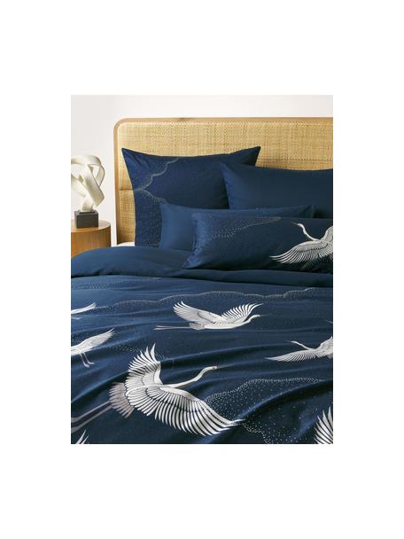 Baumwollsatin-Bettdeckenbezug Yuma mit Kranichmotiv in Blau, Webart: Satin Fadendichte 210 TC,, Blau, Weiss, Grau, B 135 x L 200 cm