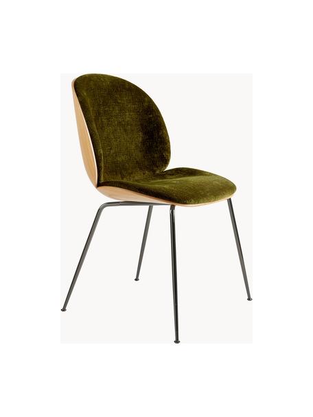 Krzesło tapicerowane z aksamitu Beetle, Tapicerka: aksamit (100% poliester), Nogi: stal powlekana, Oliwkowy zielony, drewno dębowe, czarny błyszczący, S 56 x G 58 cm