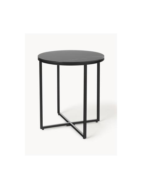 Kulatý odkládací stolek se skleněnou deskou v mramorovém vzhledu Antigua, Černý mramorový vzhled, matná černá, Ø 45 cm, V 50 cm
