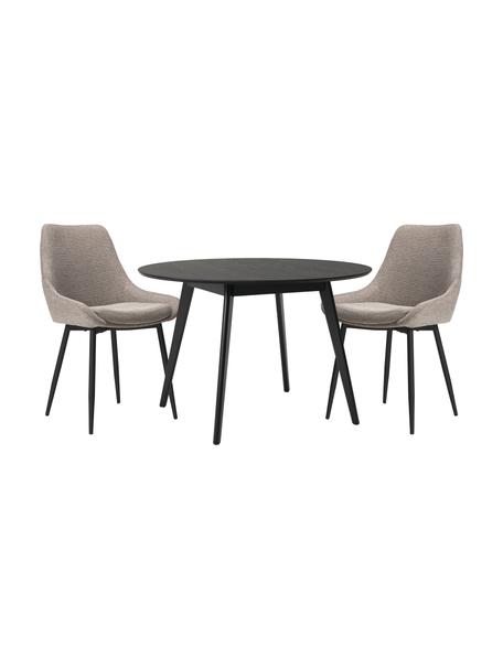 Table ronde avec chaises rembourrées Yumi, Ø 115 cm, Bois, noir laqué, tissu beige, Lot de différentes tailles