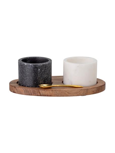 Marmor-Aufbewahrungsdosen-Set Florio, 4-tlg., Tablett: Akazienholz, Schwarz, Weiß, Holz, Gold, B 10 x H 6 cm