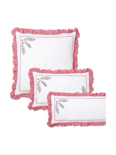 Funda de almohada de percal bordada con volantes Dina, Blanco crema, rosa, An 50 x L 70 cm