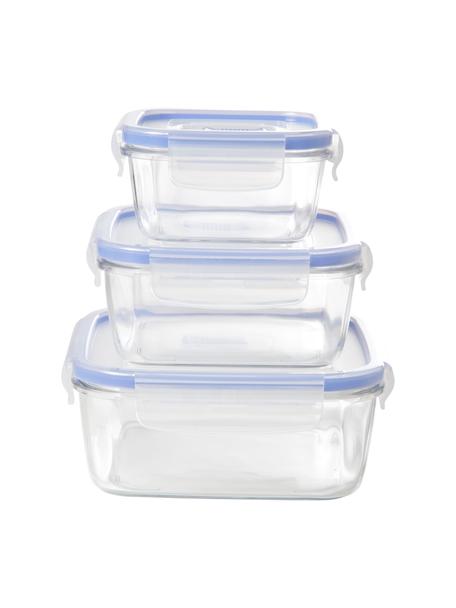 Aufbewahrungsboxen Pure, 3-er Set, Box: Gehärtetes Glas, Deckel: Kunststoff, Transparent, Blau, Set mit verschiedenen Grössen