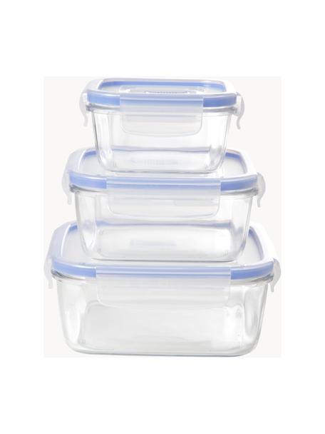 Aufbewahrungsboxen Pure, 3er-Set, Box: gehärtetes Glas, Deckel: Kunststoff, Transparent, Blau, Set mit verschiedenen Größen