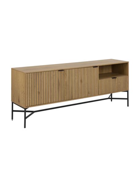 Holz-Sideboard Jaipur mit geriffelter Front, Korpus: Mitteldichte Holzfaserpla, Beine: Metall, pulverbeschichtet, Griffe: Metall, pulverbeschichtet, Holz, Schwarz, B 180 x H 70 cm