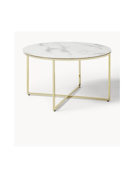 Table basse ronde avec plateau en verre aspect marbre Antigua, Blanc aspect marbre, doré, Ø 80 cm