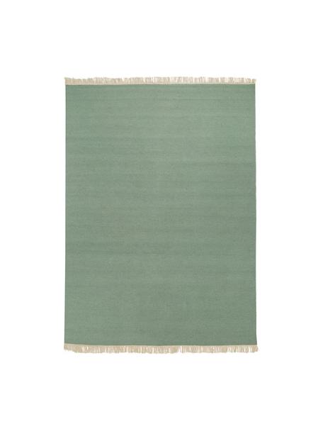 Tapis kilim en laine vert tissé main Rainbow, Pistache, larg. 140 x long. 200 cm (taille S)