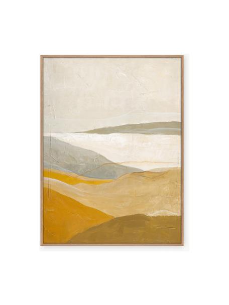 Quadro dipinto a mano con cornice in legno Yellow Field, Cornice: impiallacciatura di querc, Giallo, tonalità beige, legno chiaro, Larg. 90 x Alt. 120 cm
