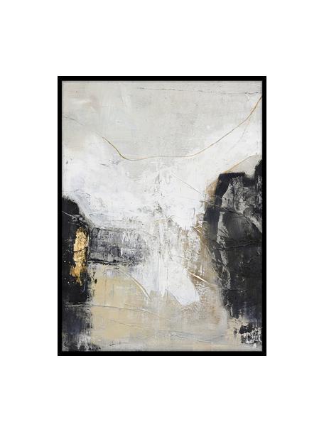 Handbeschilderde canvasdoek White Noir met houten frame, Lijst: eikenhout, gecoat, Zwart, wit, beige, goudkleurig, B 92 x H 120 cm