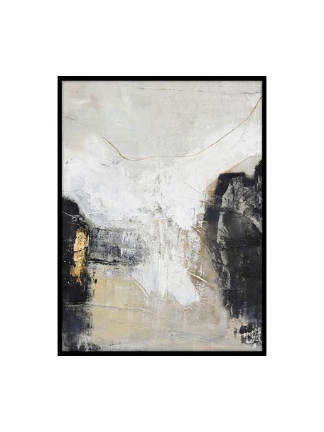 Ręcznie malowany obraz na płótnie w drewnianej ramie White Noir, Stelaż: drewno sosnowe, Czarny, biały, beżowy, odcienie złotego, S 92 x W 120 cm