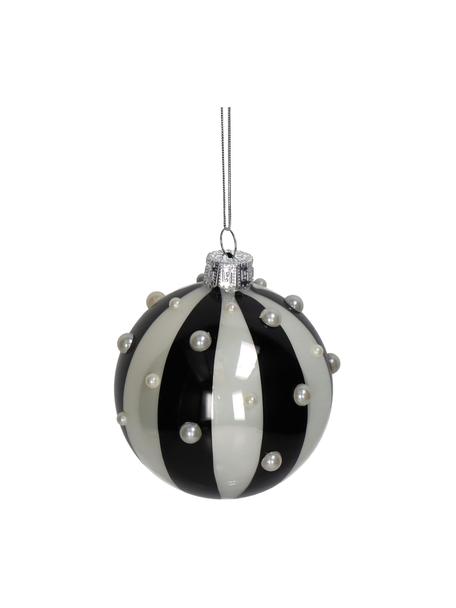 Adornos navideños Stripe, 2 uds., Vidrio, Negro y blanco perla brillante, Ø 8 cm