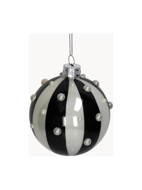 Décoration de sapin de Noël Stripe, 2 pièces, Verre, Noir, blanc nacré, brillant, Ø 8 cm