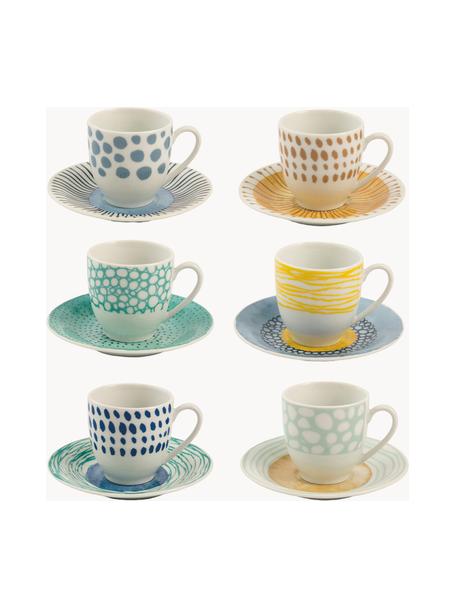 Šálky na espresso s podšálkami Marea, 6 ks, Porcelán, Modré, žlté a zelené tóny, Ø 6 x V 6 cm, 90 ml