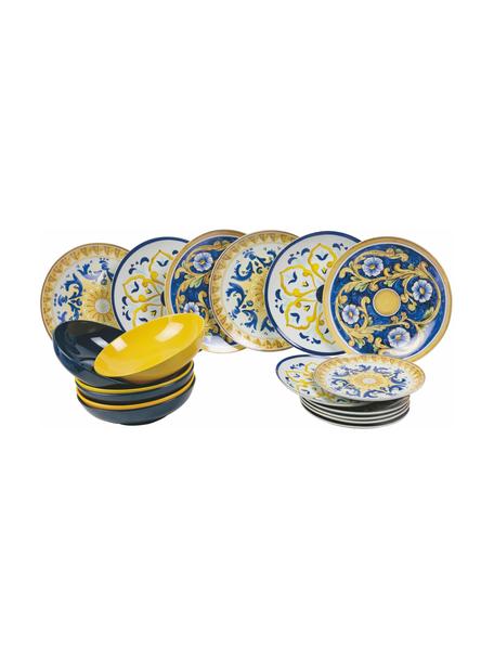 Serviesset Sicilia, 6 personen (18-delig), Wit, donkerblauw, geel, Set met verschillende formaten