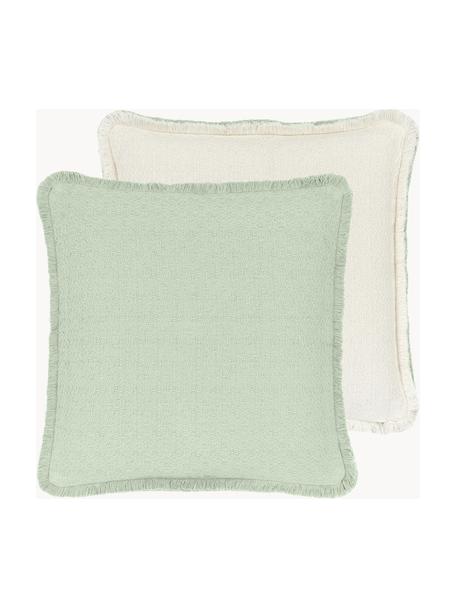 Wendekissenhülle Loran in Mintgrün mit dekorativen Fransen, 100% Baumwolle, Salbeigrün, Cremeweiß, B 40 x L 40 cm